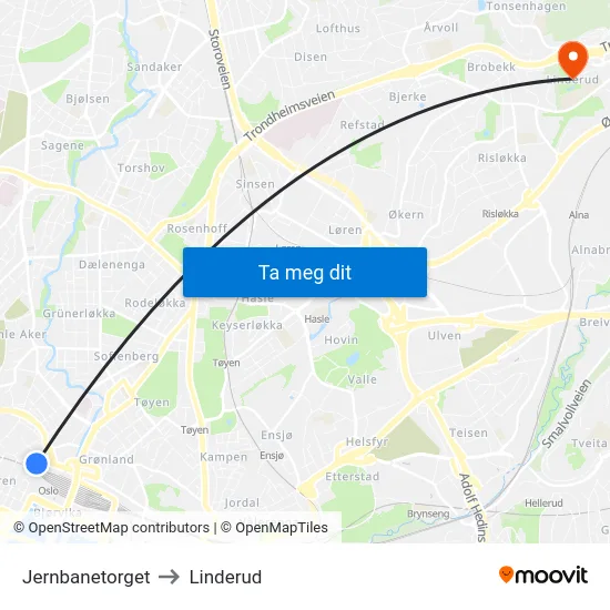 Jernbanetorget to Linderud map
