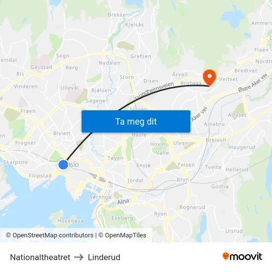 Nationaltheatret to Linderud map
