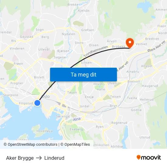 Aker Brygge to Linderud map