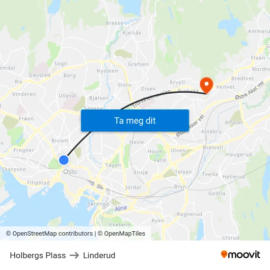 Holbergs Plass to Linderud map