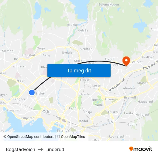 Bogstadveien to Linderud map