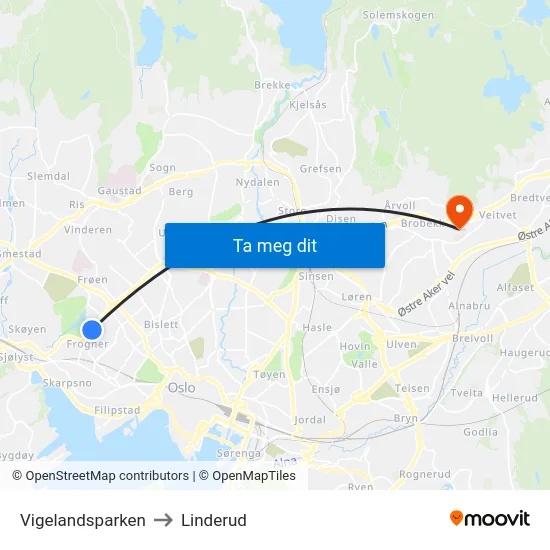 Vigelandsparken to Linderud map