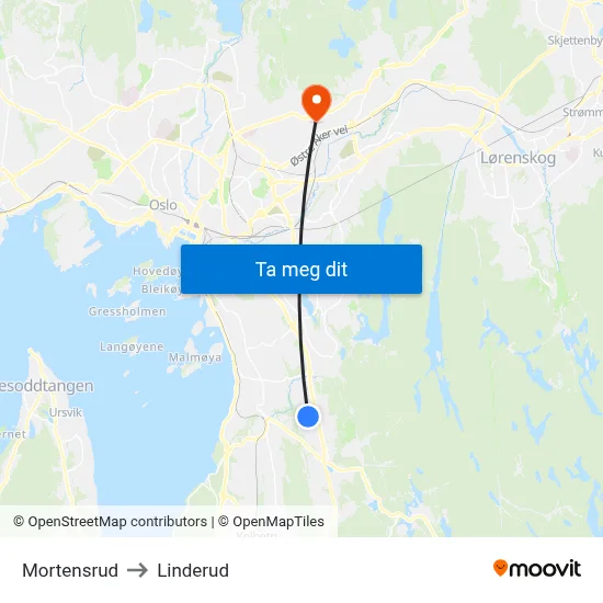 Mortensrud to Linderud map