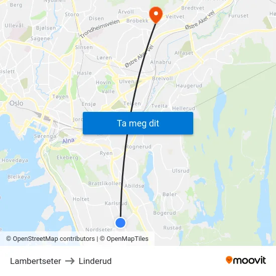 Lambertseter to Linderud map