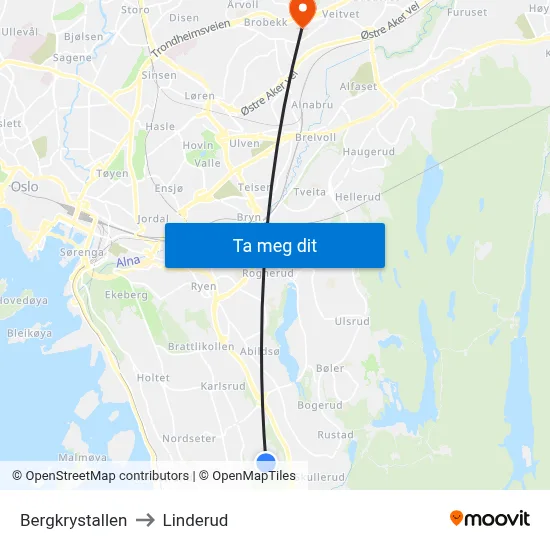 Bergkrystallen to Linderud map