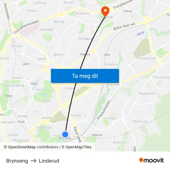 Brynseng to Linderud map