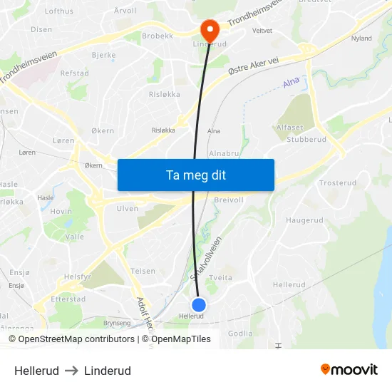 Hellerud to Linderud map