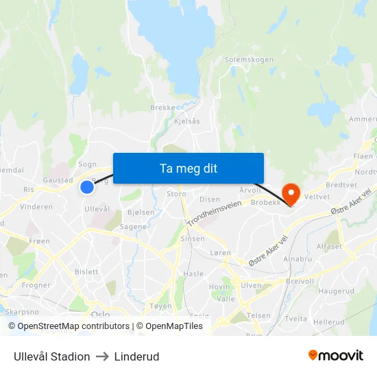 Ullevål Stadion to Linderud map