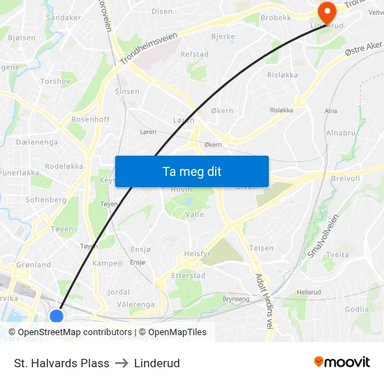 St. Halvards Plass to Linderud map