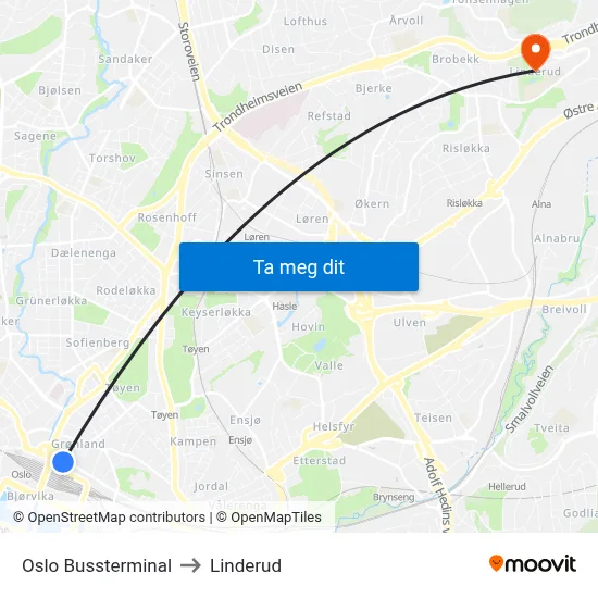 Oslo Bussterminal to Linderud map