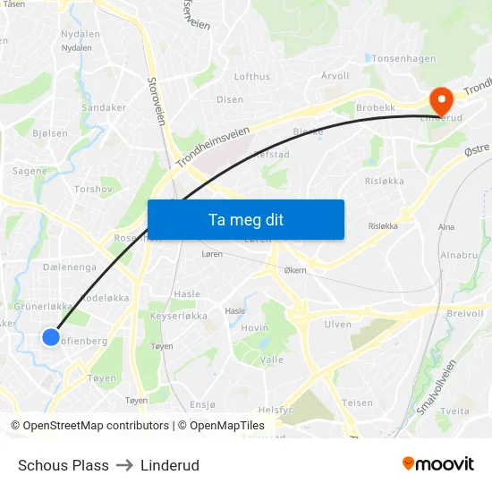 Schous Plass to Linderud map