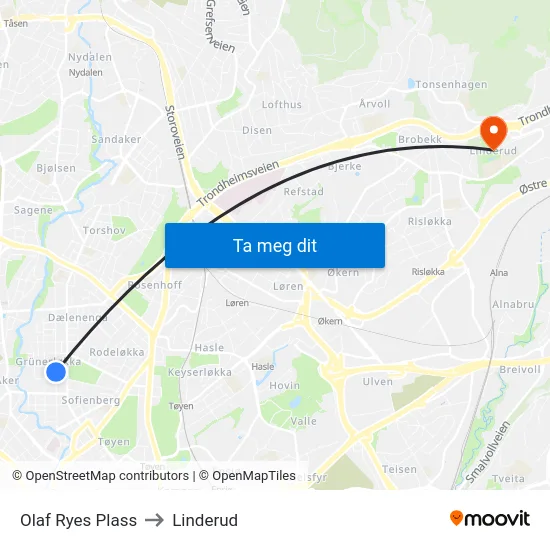 Olaf Ryes Plass to Linderud map