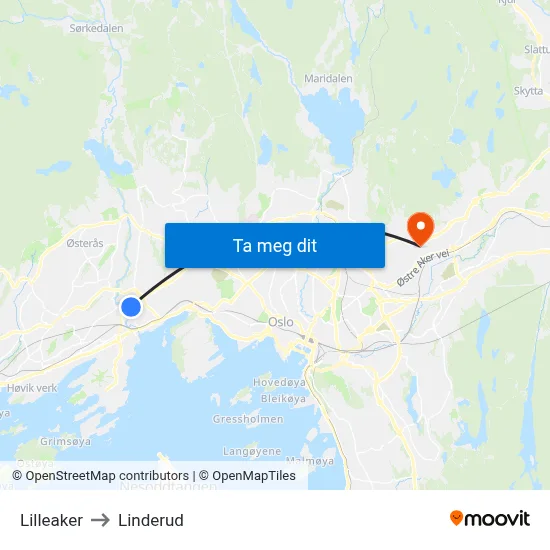 Lilleaker to Linderud map