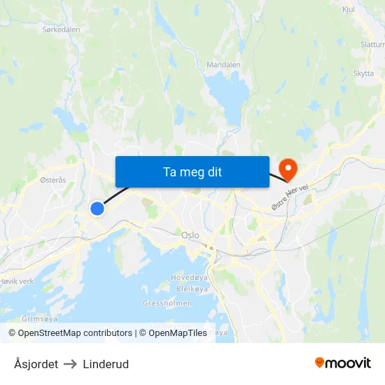 Åsjordet to Linderud map