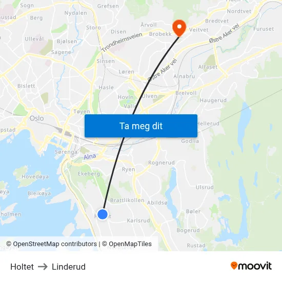 Holtet to Linderud map