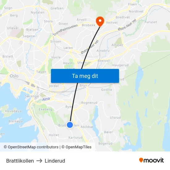 Brattlikollen to Linderud map