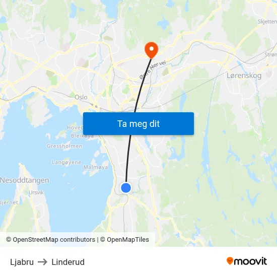 Ljabru to Linderud map