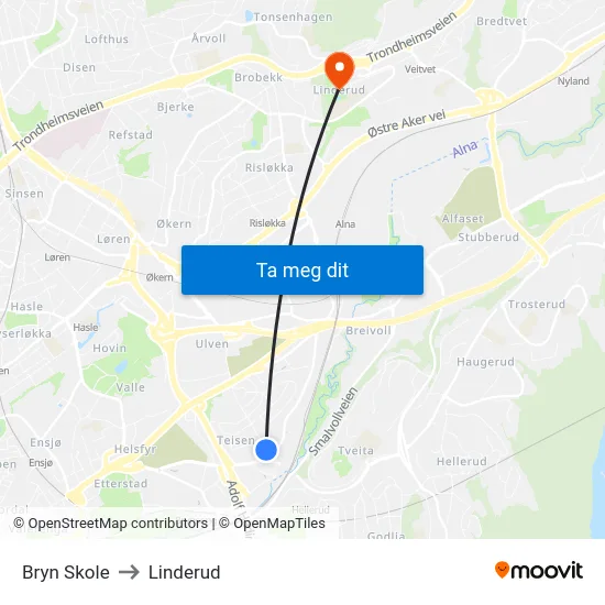 Bryn Skole to Linderud map