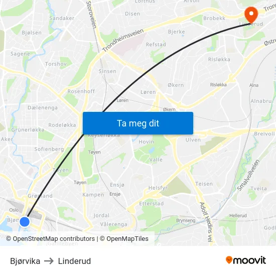 Bjørvika to Linderud map