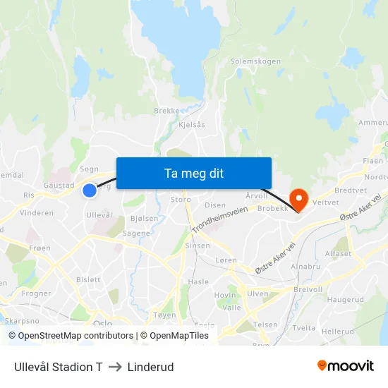 Ullevål Stadion T to Linderud map