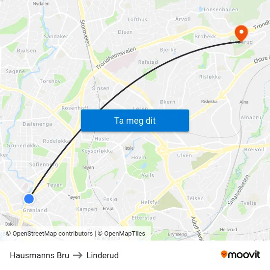 Hausmanns Bru to Linderud map