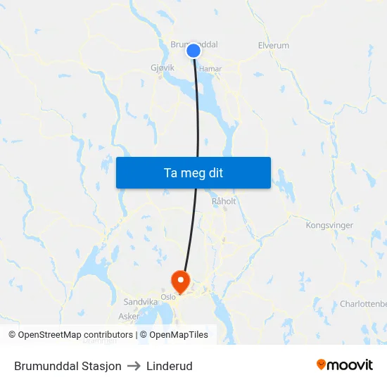 Brumunddal Stasjon to Linderud map