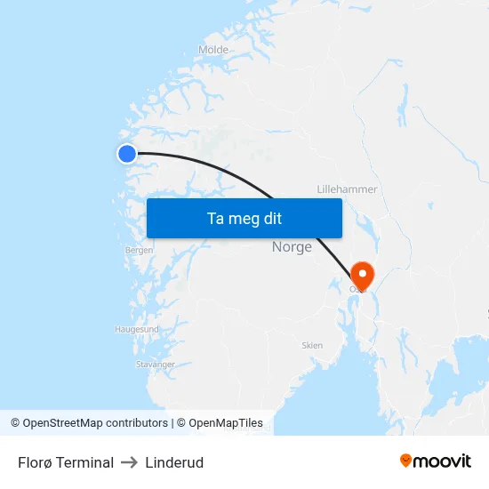 Florø Terminal to Linderud map