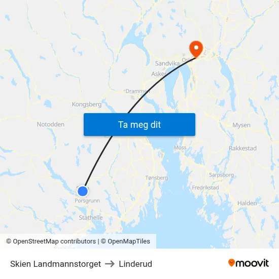 Skien Landmannstorget to Linderud map