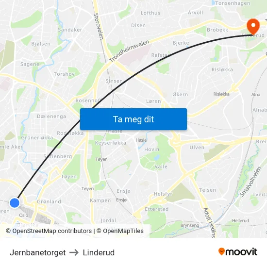 Jernbanetorget to Linderud map
