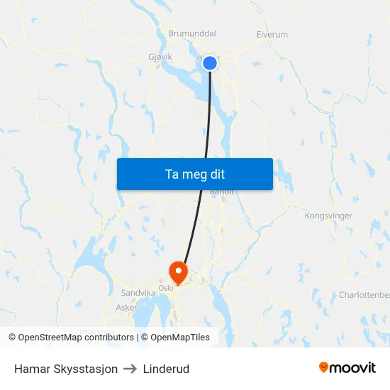Hamar Skysstasjon to Linderud map