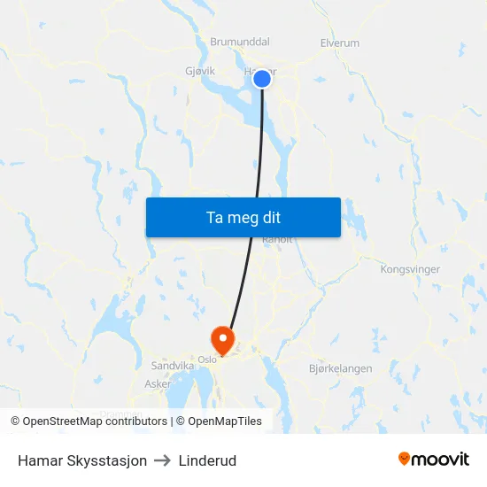 Hamar Skysstasjon to Linderud map