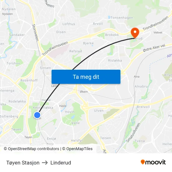 Tøyen Stasjon to Linderud map
