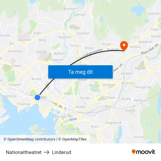 Nationaltheatret to Linderud map