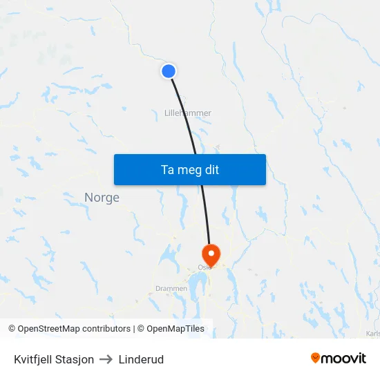 Kvitfjell Stasjon to Linderud map