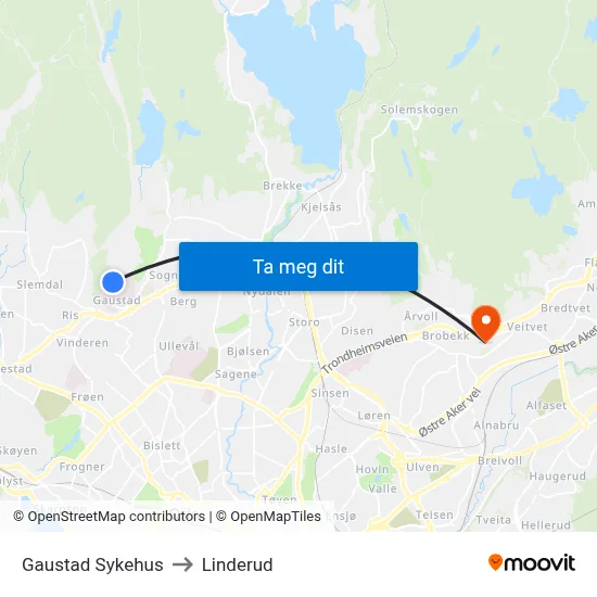 Gaustad Sykehus to Linderud map