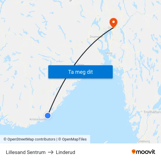 Lillesand Sentrum to Linderud map