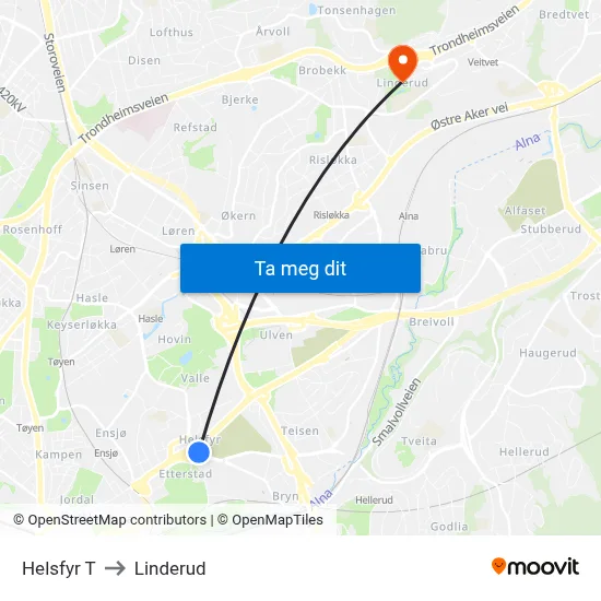 Helsfyr T to Linderud map