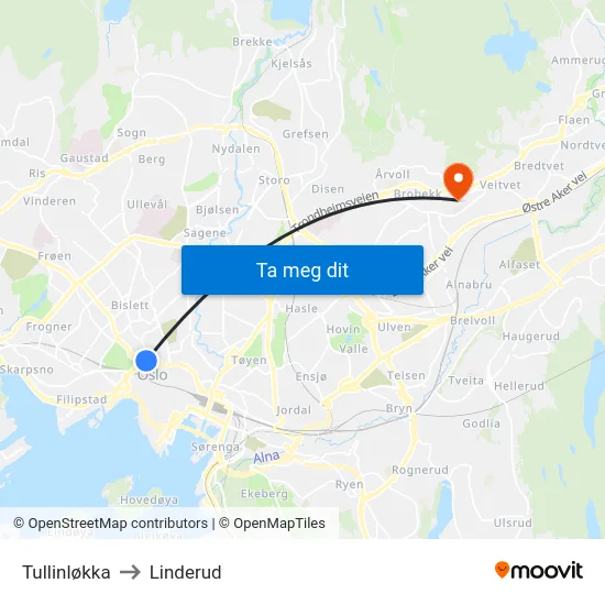 Tullinløkka to Linderud map