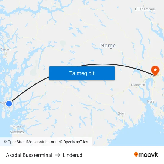Aksdal Bussterminal to Linderud map