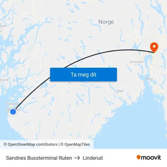 Sandnes Bussterminal Ruten to Linderud map
