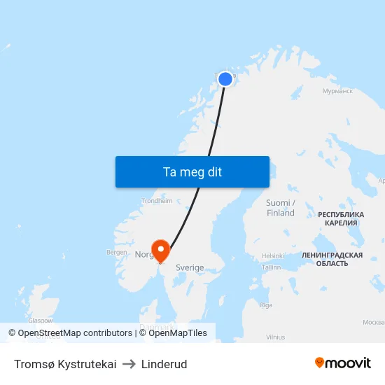 Tromsø Kystrutekai to Linderud map