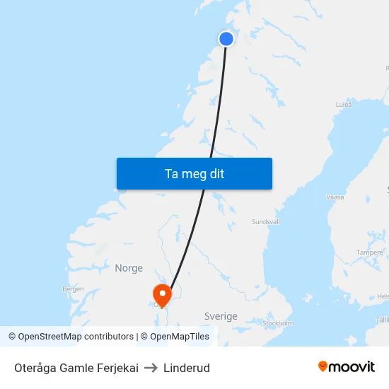 Oteråga Gamle Ferjekai to Linderud map