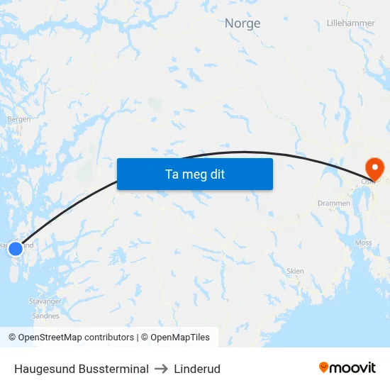 Haugesund Bussterminal to Linderud map