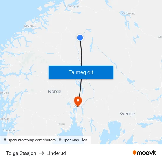 Tolga Stasjon to Linderud map
