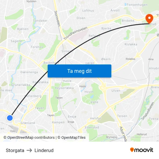 Storgata to Linderud map