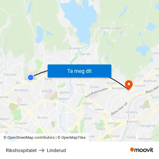Rikshospitalet to Linderud map