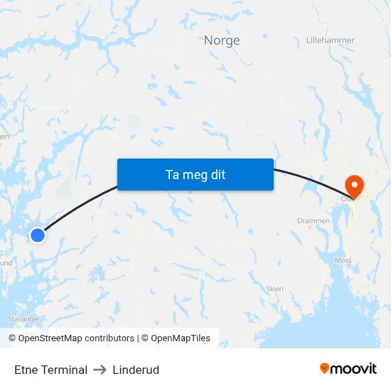 Etne Terminal to Linderud map