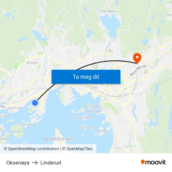 Oksenøya to Linderud map