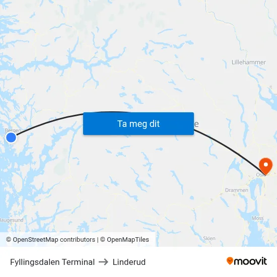 Fyllingsdalen Terminal to Linderud map