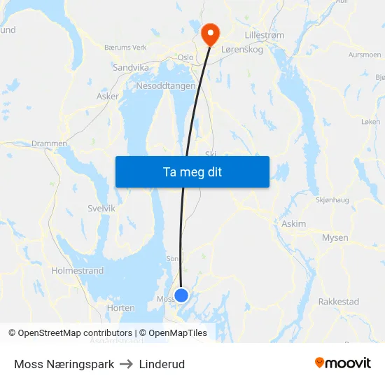 Moss Næringspark to Linderud map